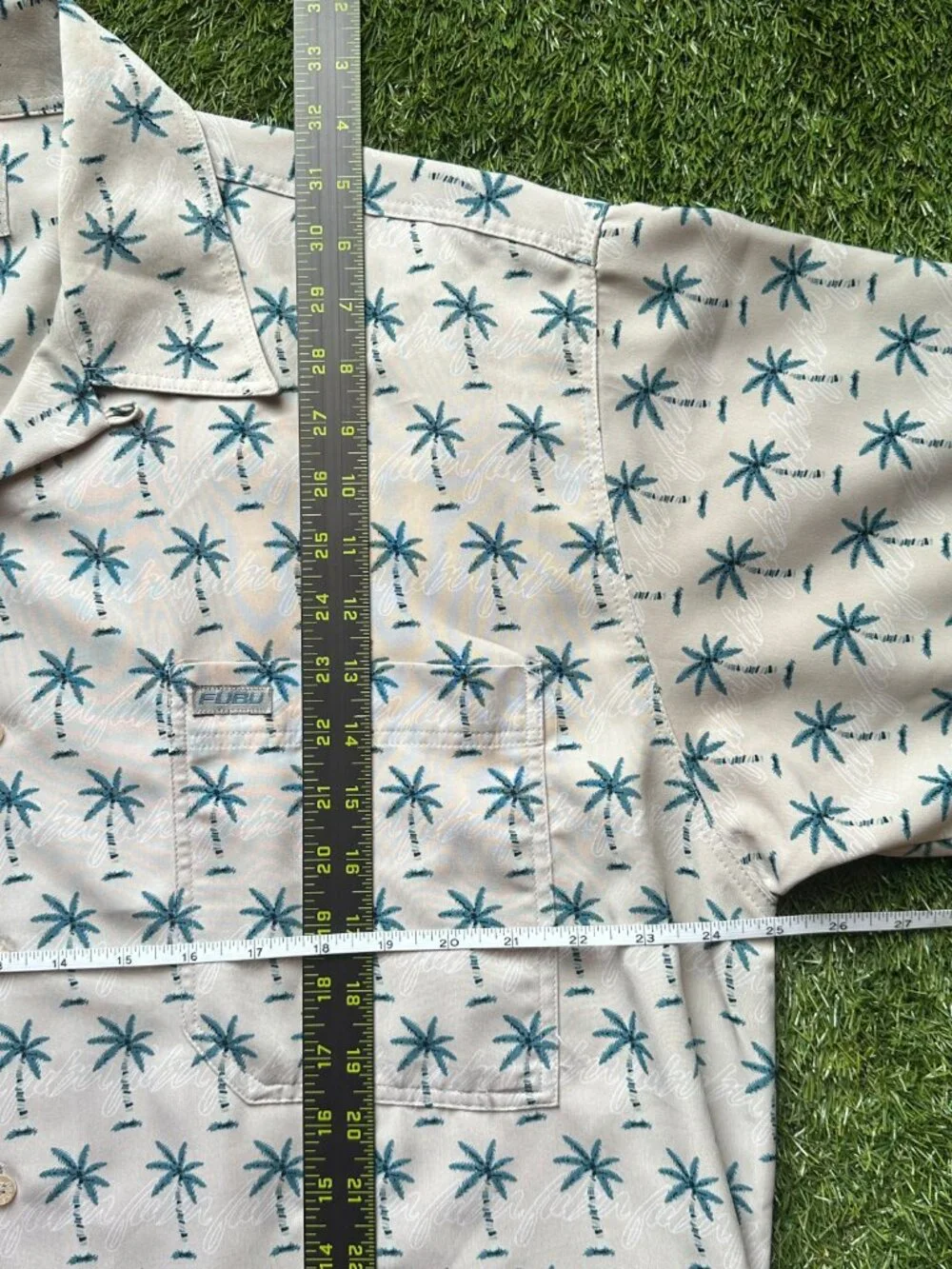 Vintage Y2K FUBU Men's XL Beige Palm Tree Shirt Tropical Vacation Button-Up